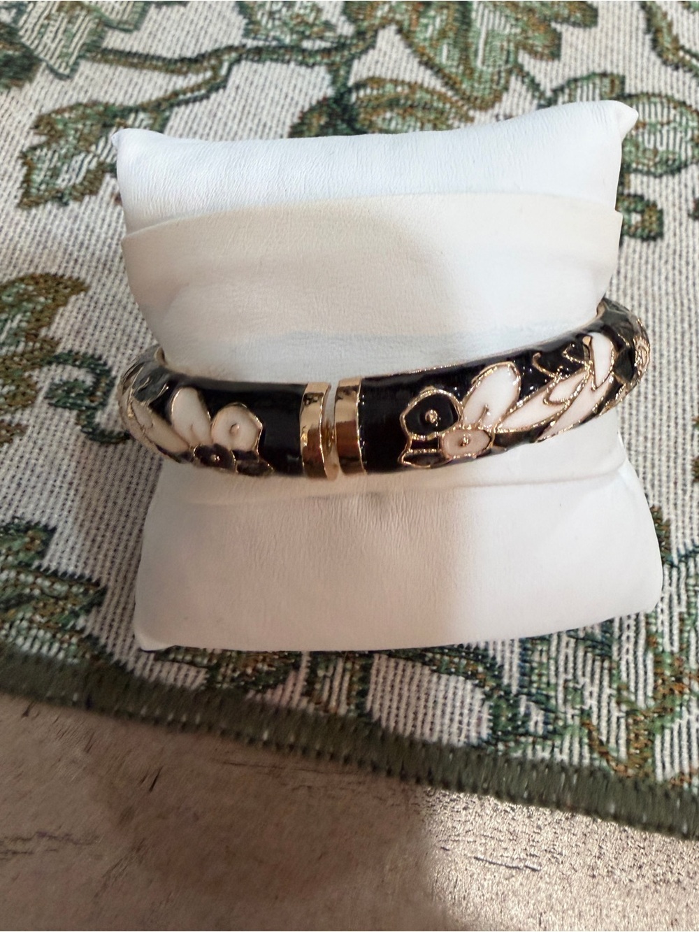 Gold-Tone Black and Cream Floral Hinged Bracelet